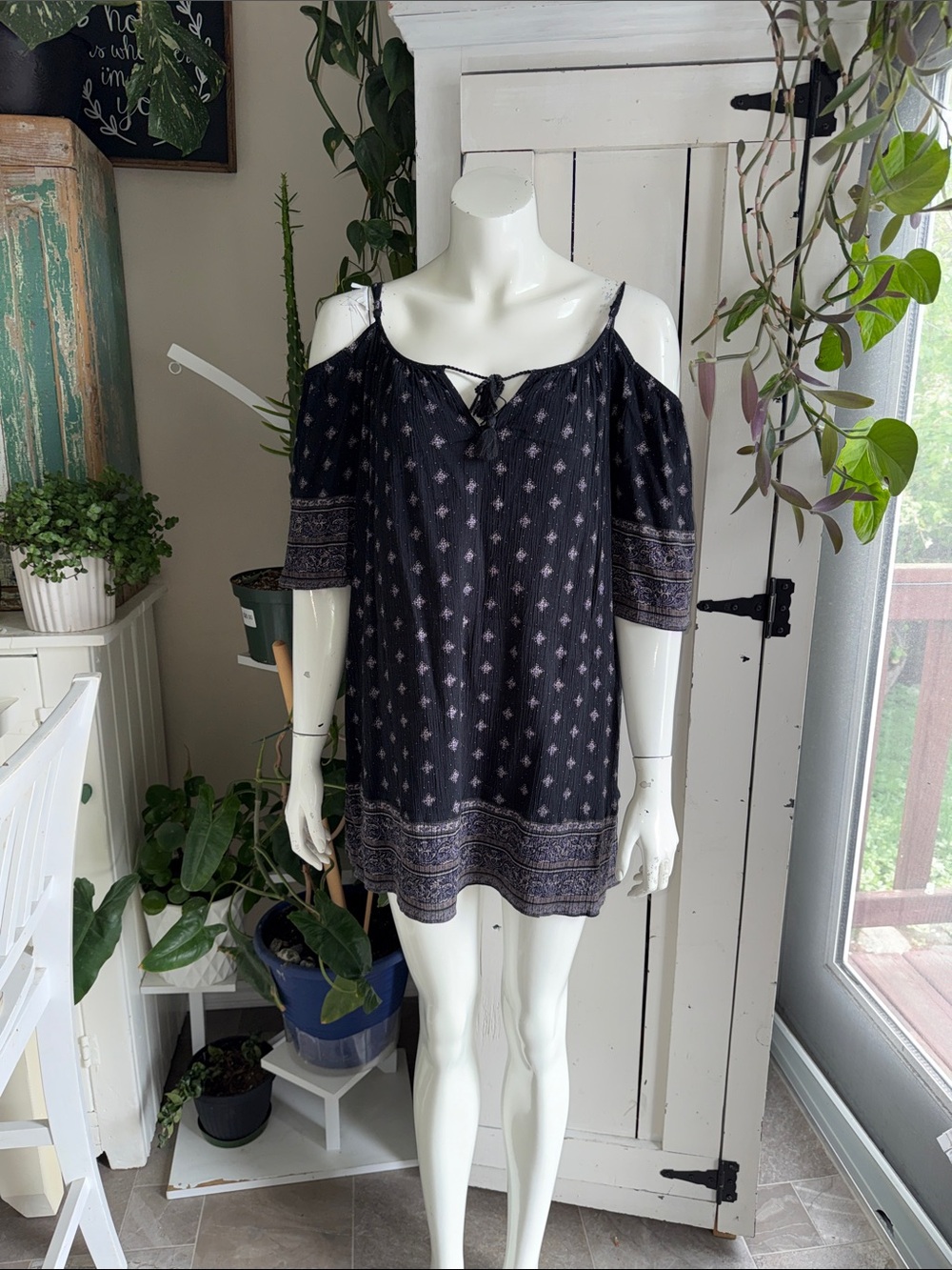 American Eagle M Cold-Shoulder Black Boho Print Women's Top cotton/VISCOSE